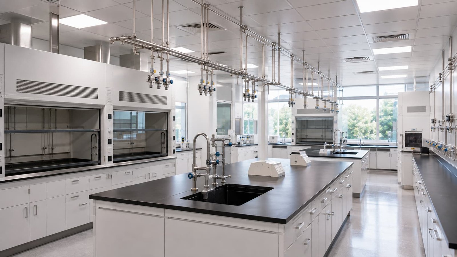 Completed turnkey laboratory fit-out with integrated gas distribution tubing