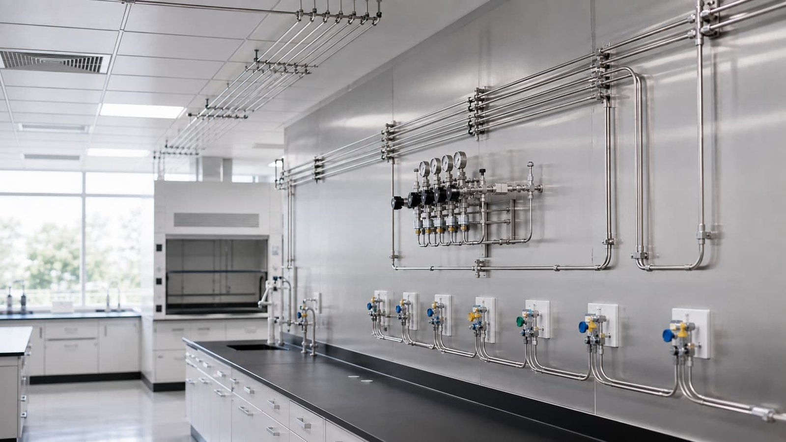 Organized laboratory gas distribution tubing routed along wall with isolation valves and outlets