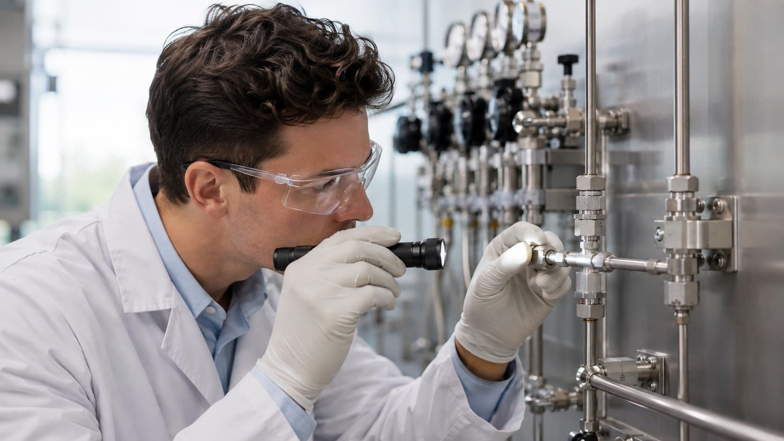 Technician performing visual inspection of a gas tubing fitting