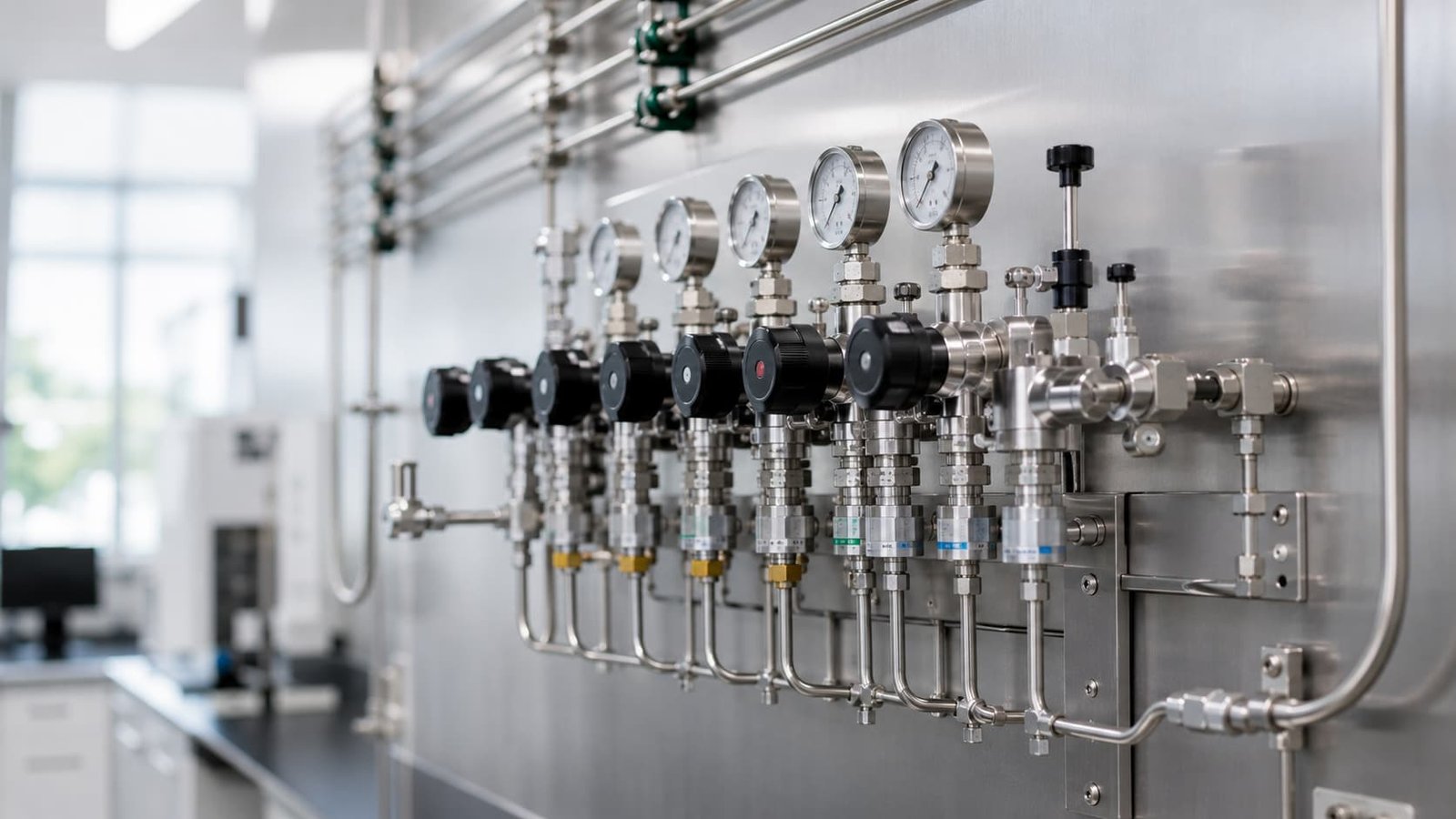 Laboratory gas manifold with pressure regulators and gauges