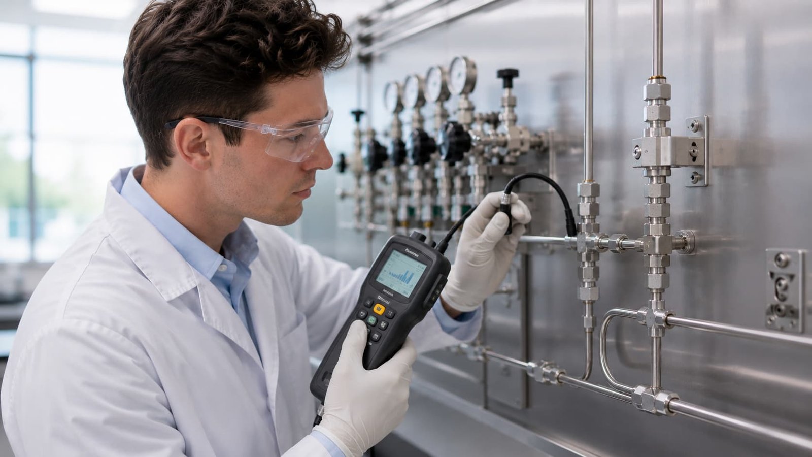 Technician performing gas detector testing on laboratory gas tubing