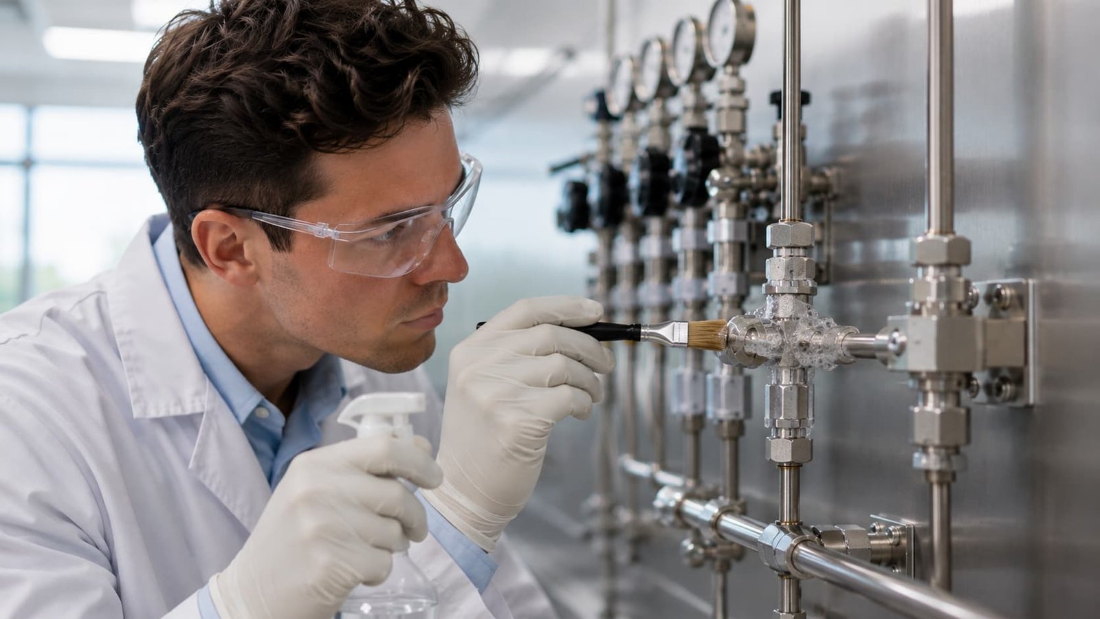 Technician performing a bubble leak test on a gas tubing fitting