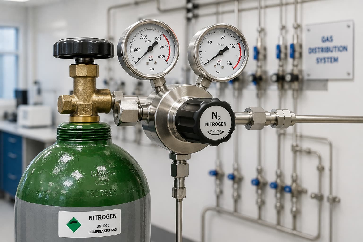 Stainless steel cylinder point gas pressure regulator for laboratory gas distribution systems