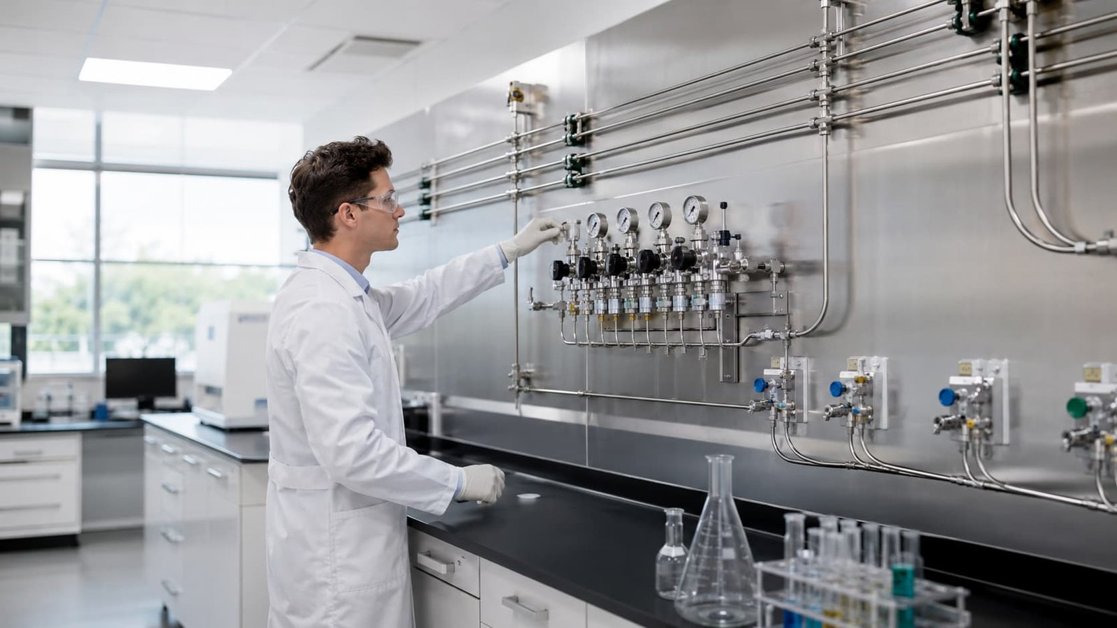 Laboratory gas tubing system with technician performing inspection at a stainless-steel gas manifold