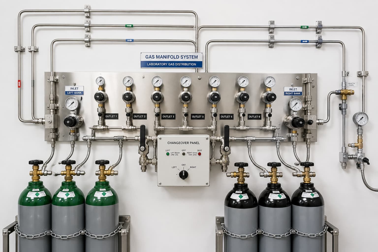 Laboratory gas manifold and cylinder changeover system for controlled gas distribution in industrial and research laboratories