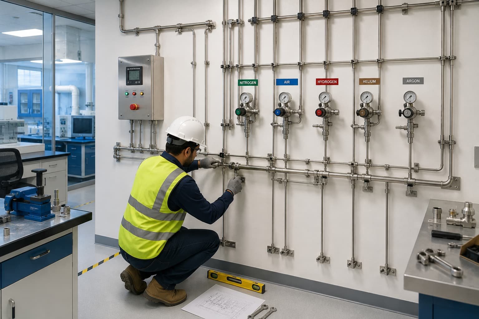 Professional laboratory gas distribution installation and stainless steel tubing work in Saudi Arabia