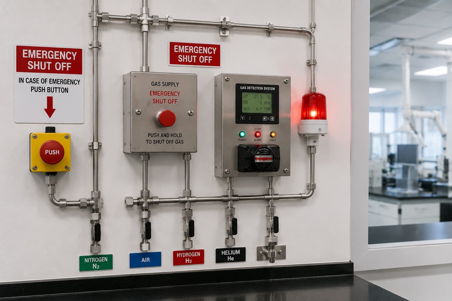 Laboratory gas safety components including valves regulators and gas protection devices
