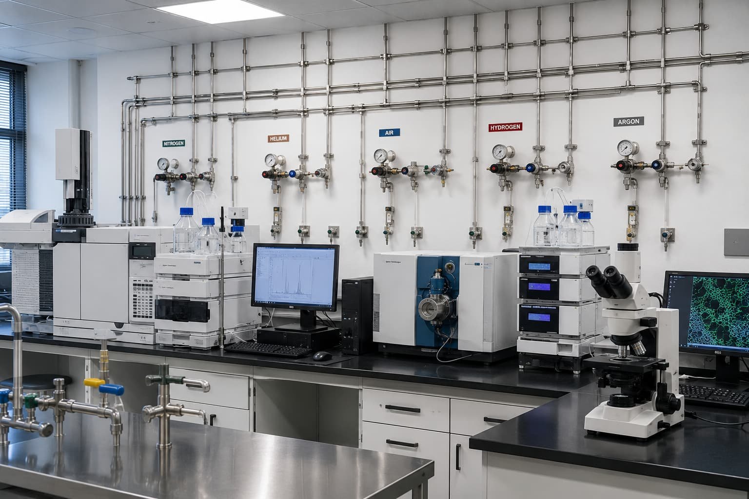 Laboratory gas distribution system serving industrial research analytical and educational laboratory applications