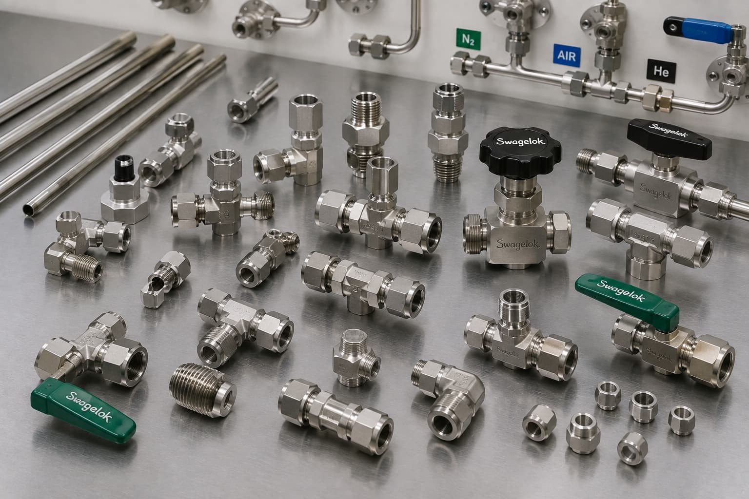 Stainless steel laboratory gas fittings valves and tube connections for laboratory gas distribution systems