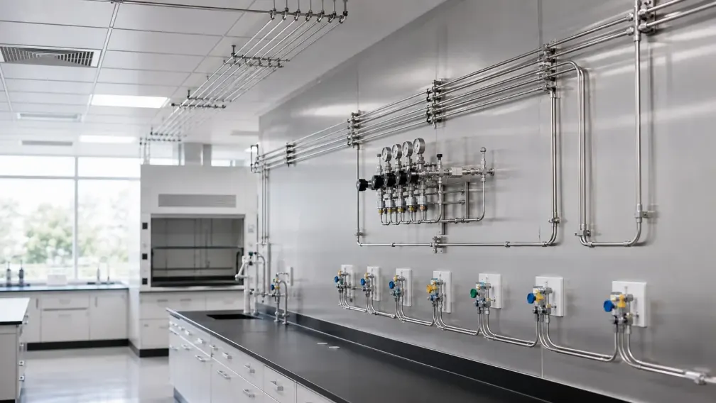 Organized laboratory gas distribution tubing routed along wall with isolation valves and outlets