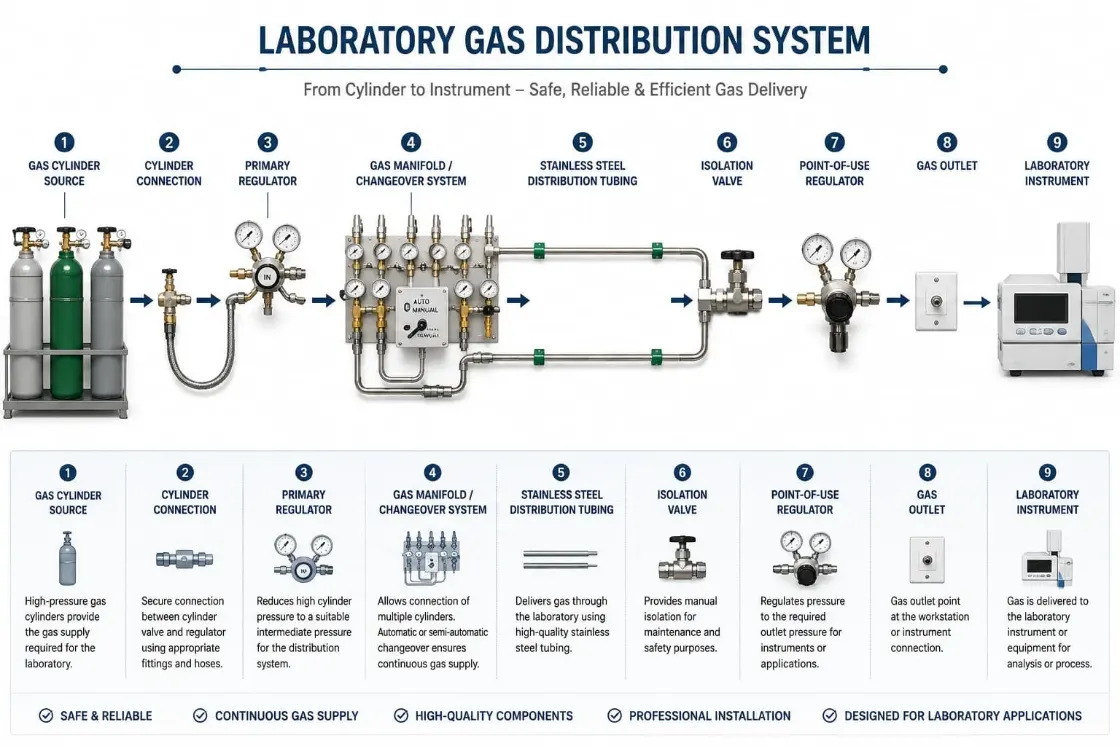 Laboratory gas distribution flow from gas cylinders through manifolds and stainless steel tubing to point-of-use regulators