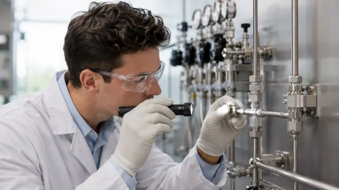 Technician performing visual inspection of a gas tubing fitting