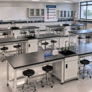 School science lab classroom with student lab benches, black worktops, sinks and stools