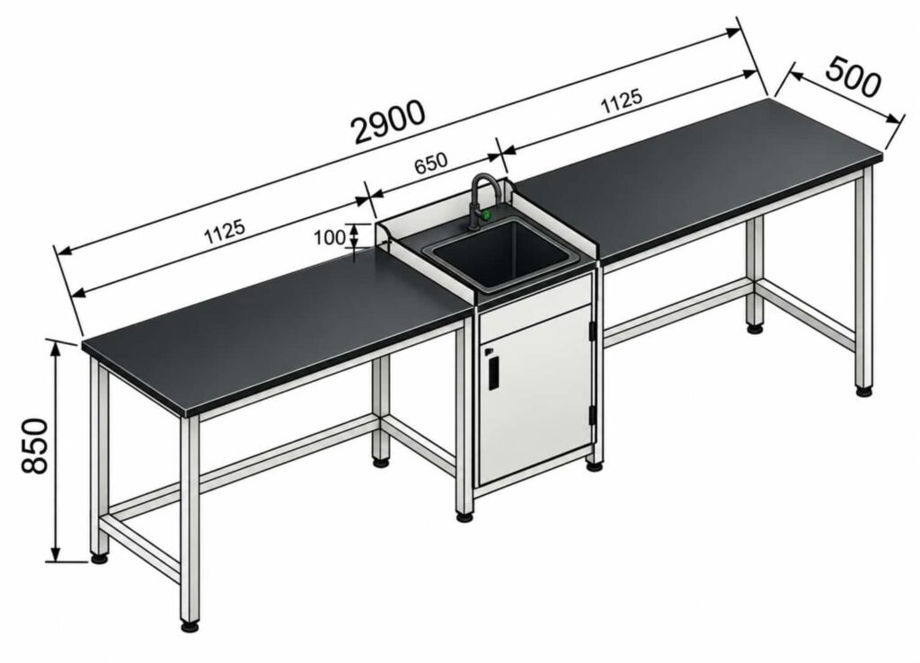 Student science lab bench with central sink cabinet, 2900 mm total length, 850 mm height