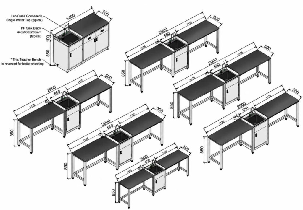 Science lab bench layout options with sink cabinet and worktop sections, 2900 mm and 1400 mm configurations