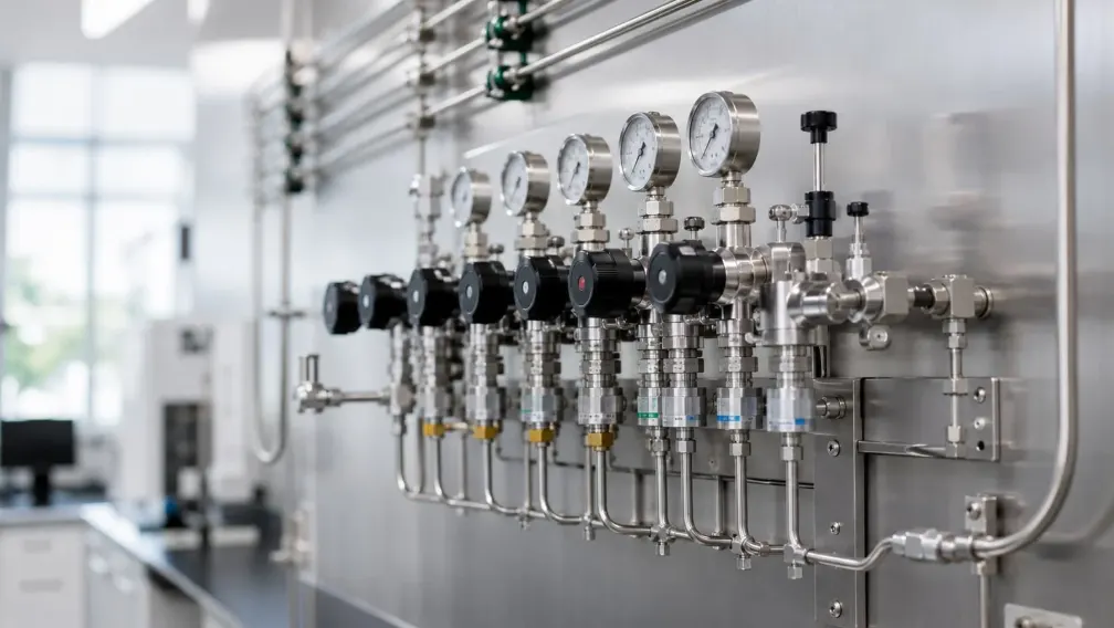 Laboratory gas manifold with pressure regulators and gauges