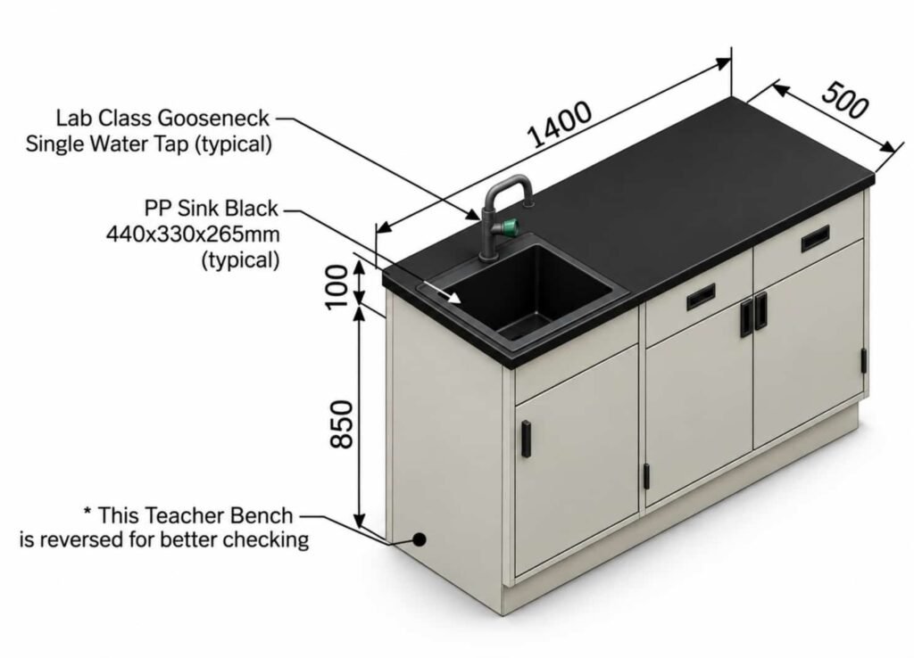 Science lab teacher bench with sink, gooseneck water tap and cabinets, 1400 x 500 x 850 mm