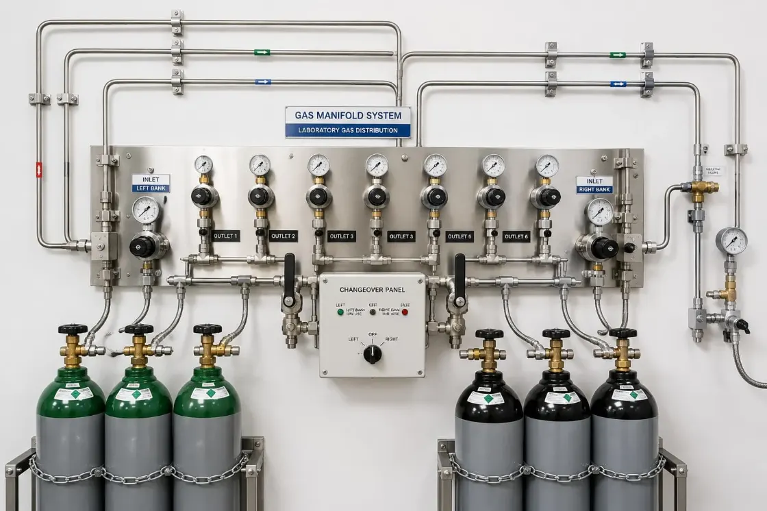 Laboratory gas manifold and cylinder changeover system for controlled gas distribution in industrial and research laboratories