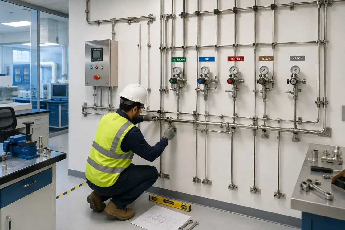 Professional laboratory gas distribution installation and stainless steel tubing work in Saudi Arabia