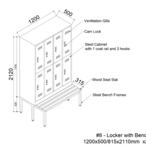 3D design rendering of steel locker with integrated bench, RAL 7044 finish