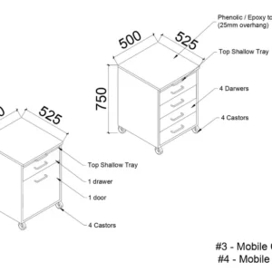 3D design rendering of mobile storage cabinet on castors, RAL 7044 finish