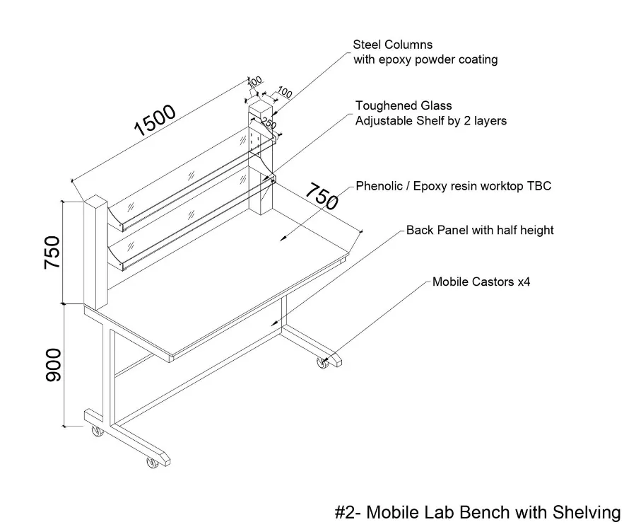 3D design rendering of mobile lab bench with shelving, 1500mm length