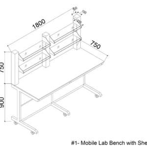 3D design rendering of mobile lab bench with toughened glass shelving
