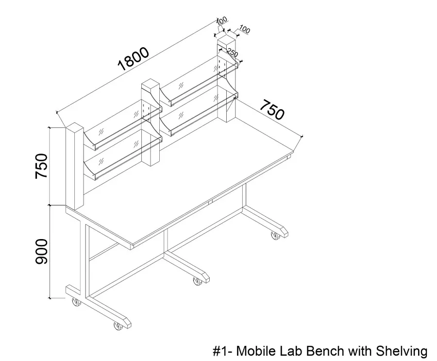 3D design rendering of mobile lab bench with shelving