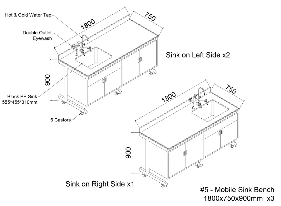 3D design rendering of mobile sink lab bench with eyewash station
