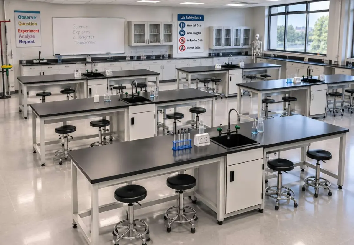 School science lab classroom with student lab benches, black worktops, sinks and stools