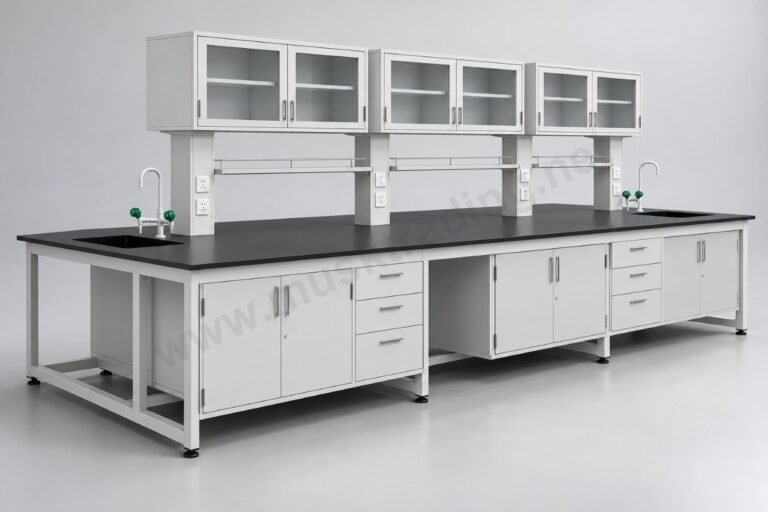 Lab Column Pumps Island Bench with Service Columns, C-frame - 3900 x 1500 x 900 mm ...