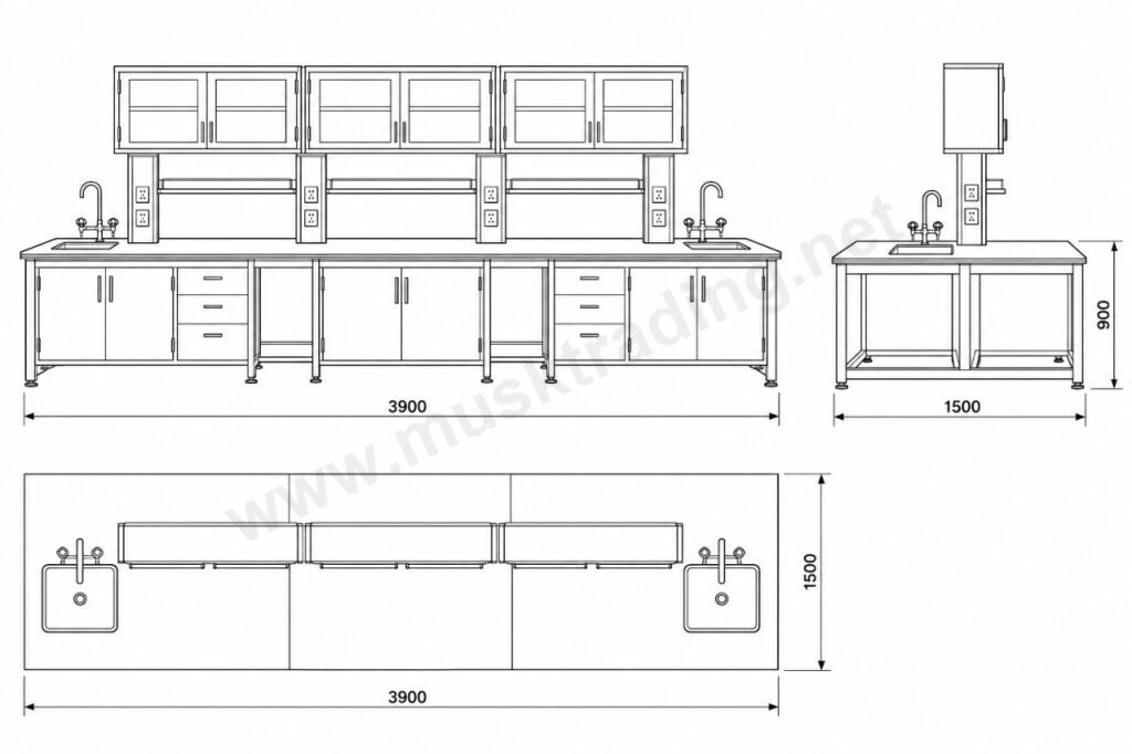 Lab Column Pumps Island Bench with Service Columns, C-frame - 3900 x 1500 x 900 mm ...