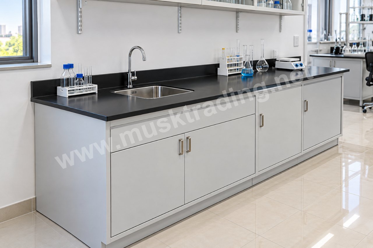 Laboratory Wall Bench with Phenolic Worktop in a laboratory, Saudi Arabia