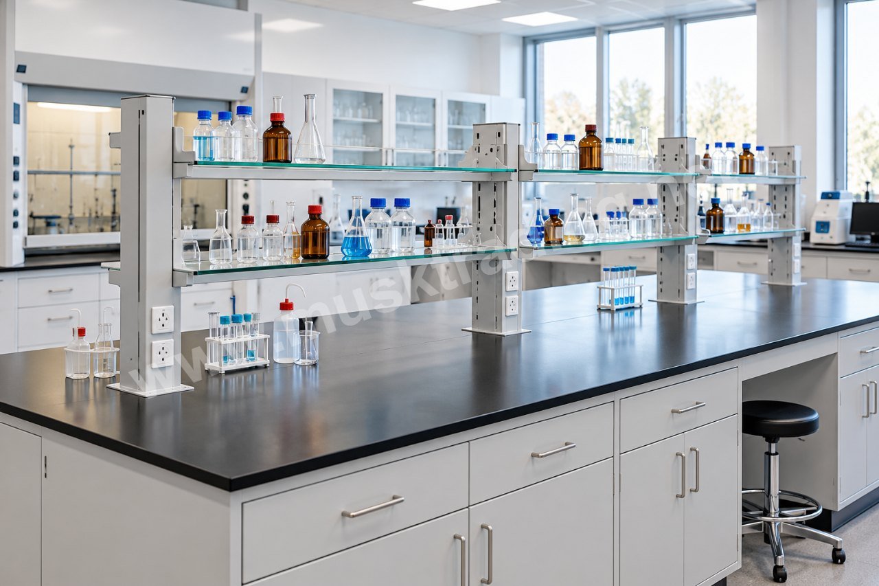 Reagent Rack Shelving for Laboratory Island Bench in a laboratory, Saudi Arabia