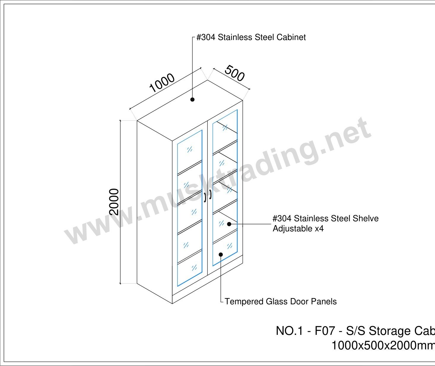 Stainless Steel Storage Cabinet with Glass Doors – 1000 x 500 x 2000 mm