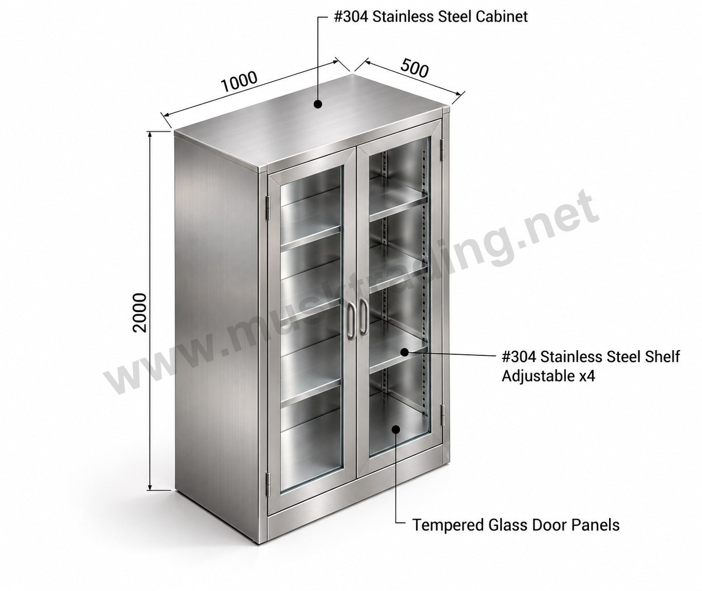 Stainless Steel Storage Cabinet with Glass Doors – 1000 x 500 x 2000 mm