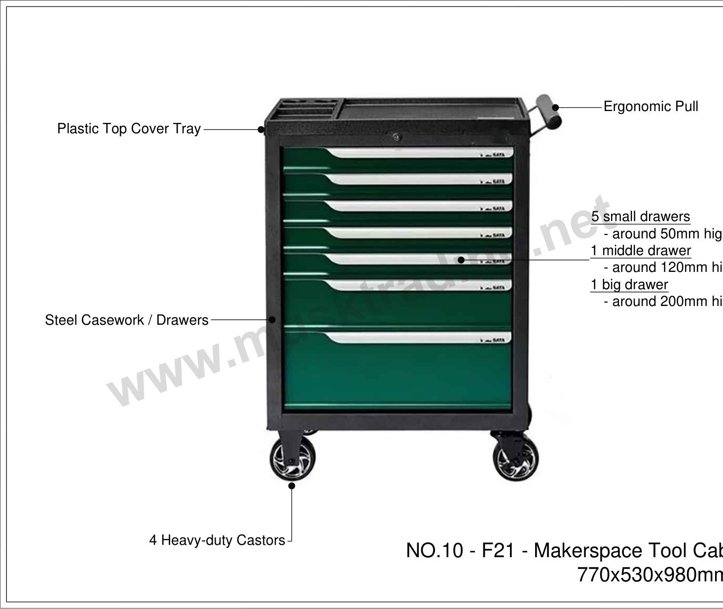 Mobile Tool Cabinet with 7 Drawers on Heavy-Duty Castors – 770 x 530 x 980 mm