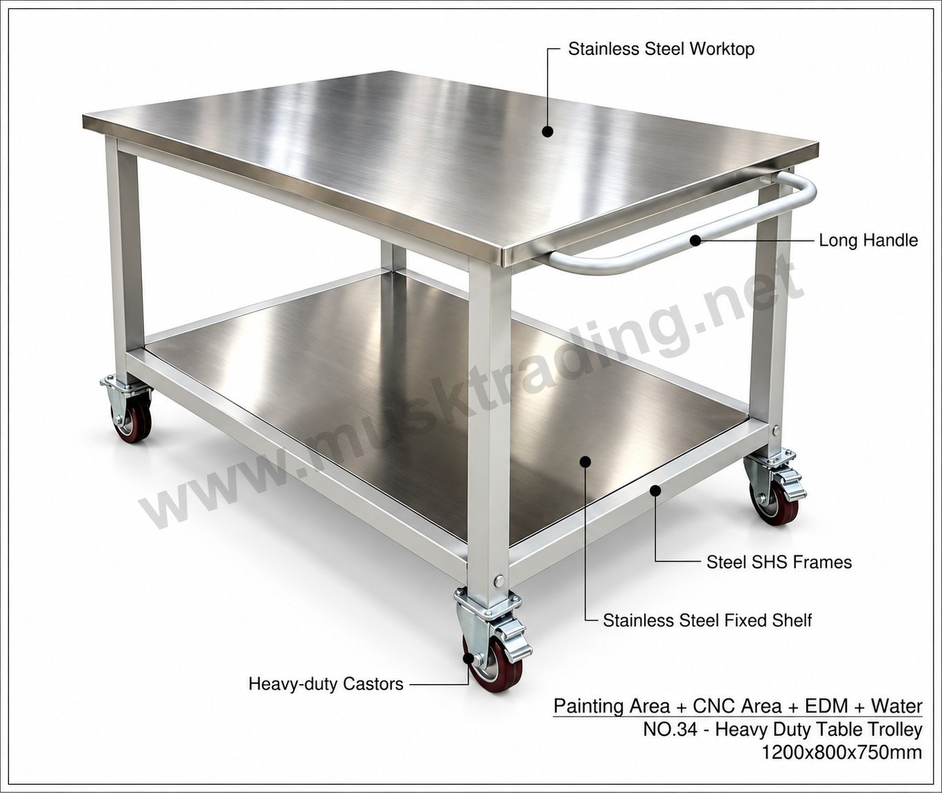 Heavy-Duty Stainless Steel Table Trolley with Lower Shelf and Handle – 1200 x 800 x 750 mm