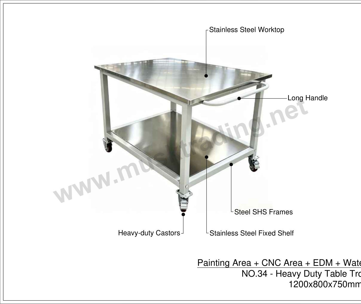 Heavy-Duty Stainless Steel Table Trolley with Lower Shelf and Handle – 1200 x 800 x 750 mm