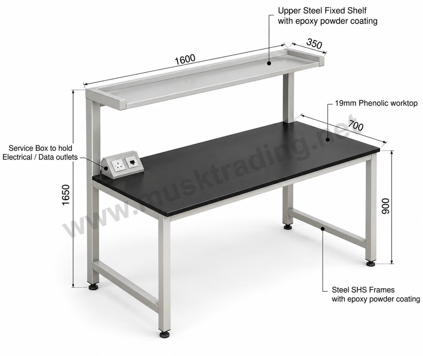 Workbench with Phenolic Worktop and Upper Shelf – 1600 x 700 x 900 mm