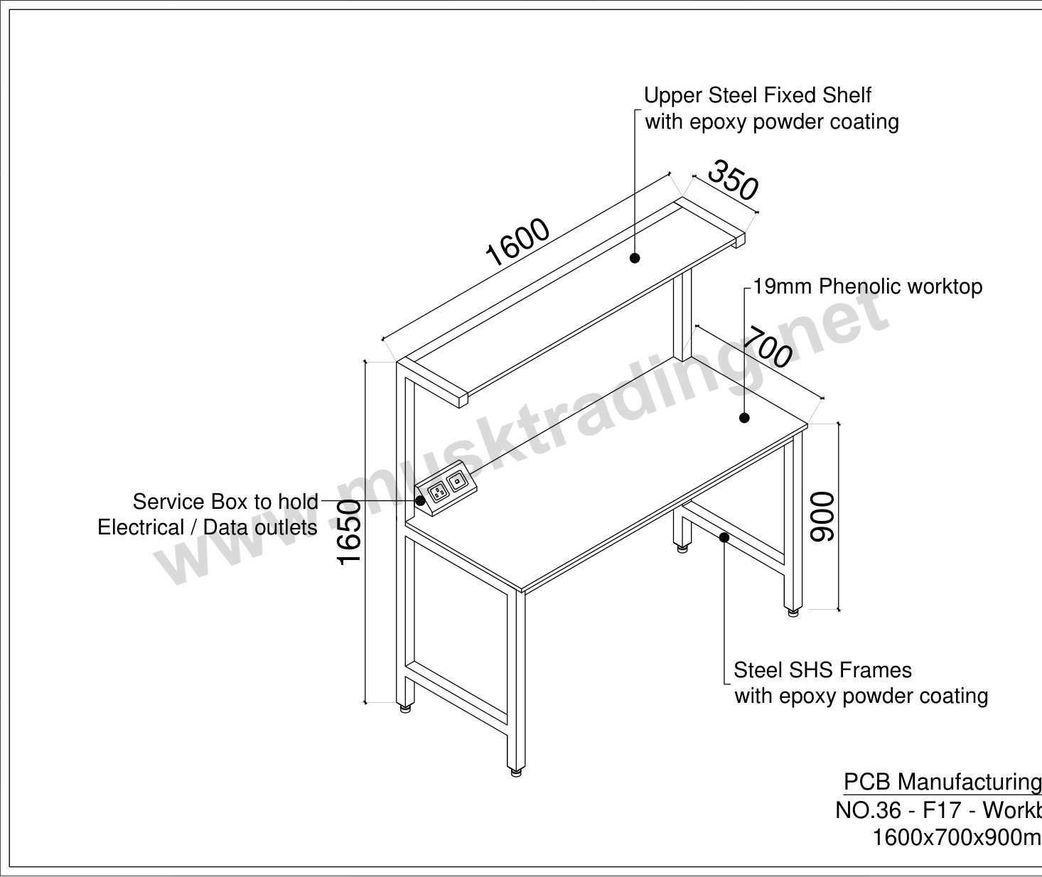 Workbench with Phenolic Worktop and Upper Shelf – 1600 x 700 x 900 mm