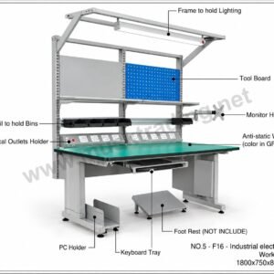 ESD Electronics Workbench with Tool Board, Monitor Holder and Lighting Frame – 1800 x 750 x 800 mm
