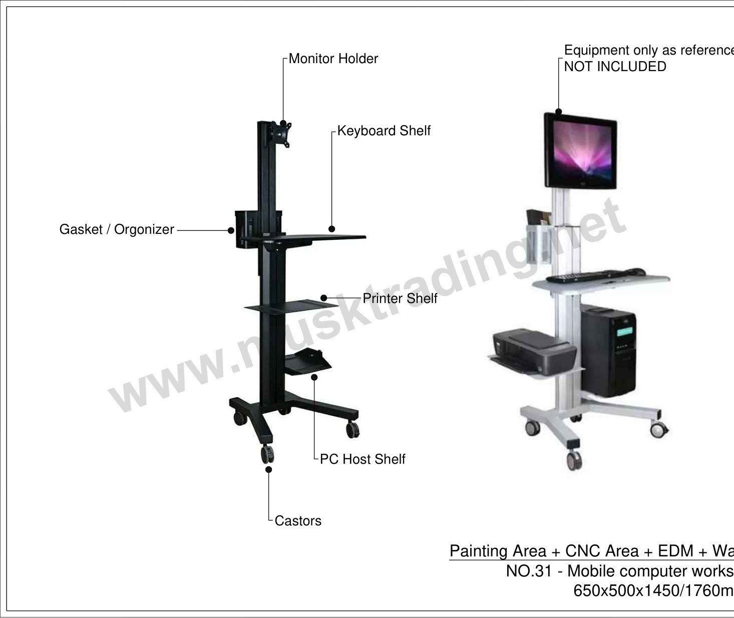 Mobile Computer Workstation Cart with Monitor Arm, Keyboard Tray and PC Shelf – 650 x 500 x 1450-1760 mm