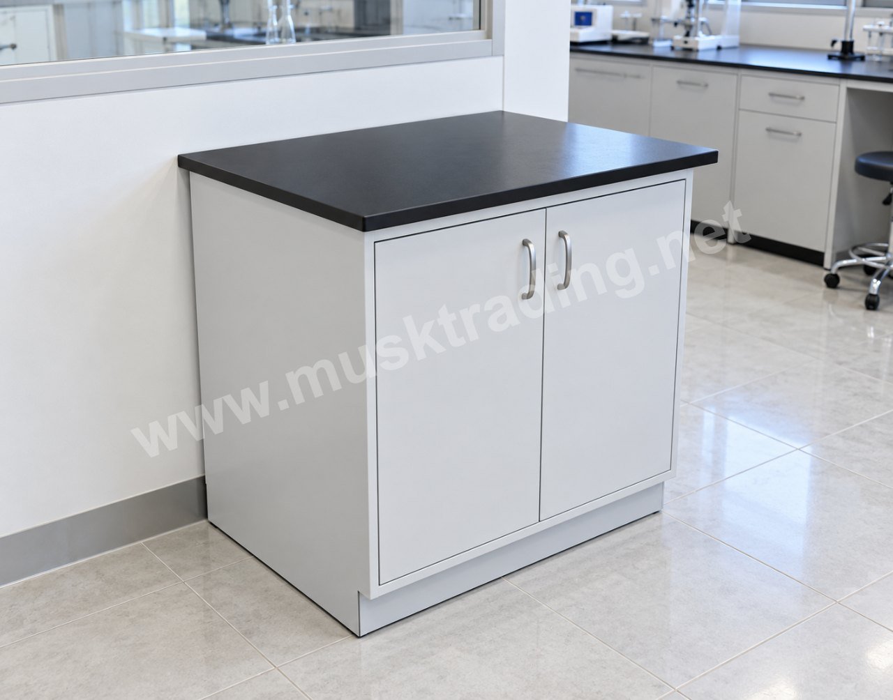 Laboratory Workstation Bench with 2-Door Steel Base Cabinet in a laboratory, Saudi Arabia