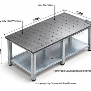 Welding Table with 16 mm Hole Pattern and Removable Lower Shelves – 2400 x 1200 x 900 mm