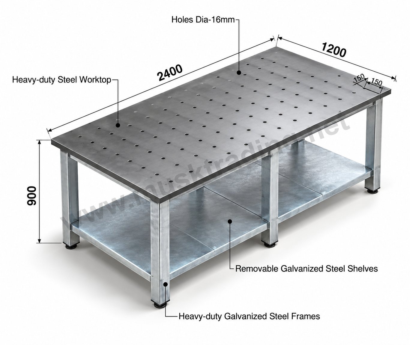 Welding Table with 16 mm Hole Pattern and Removable Lower Shelves – 2400 x 1200 x 900 mm