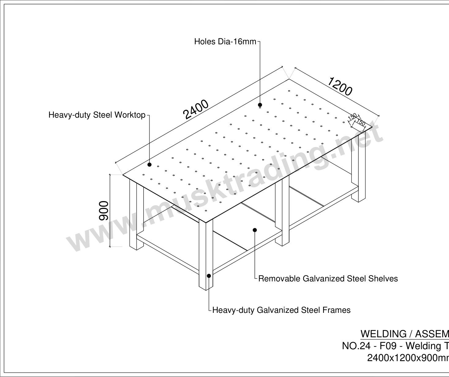 Welding Table with 16 mm Hole Pattern and Removable Lower Shelves – 2400 x 1200 x 900 mm