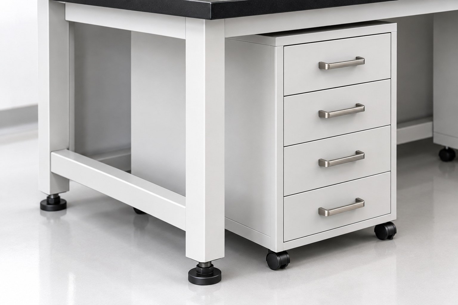 Lab bench 2000 x 750 x 900 mm with epoxy resin top, 4-drawer pedestal and two-door cupboard