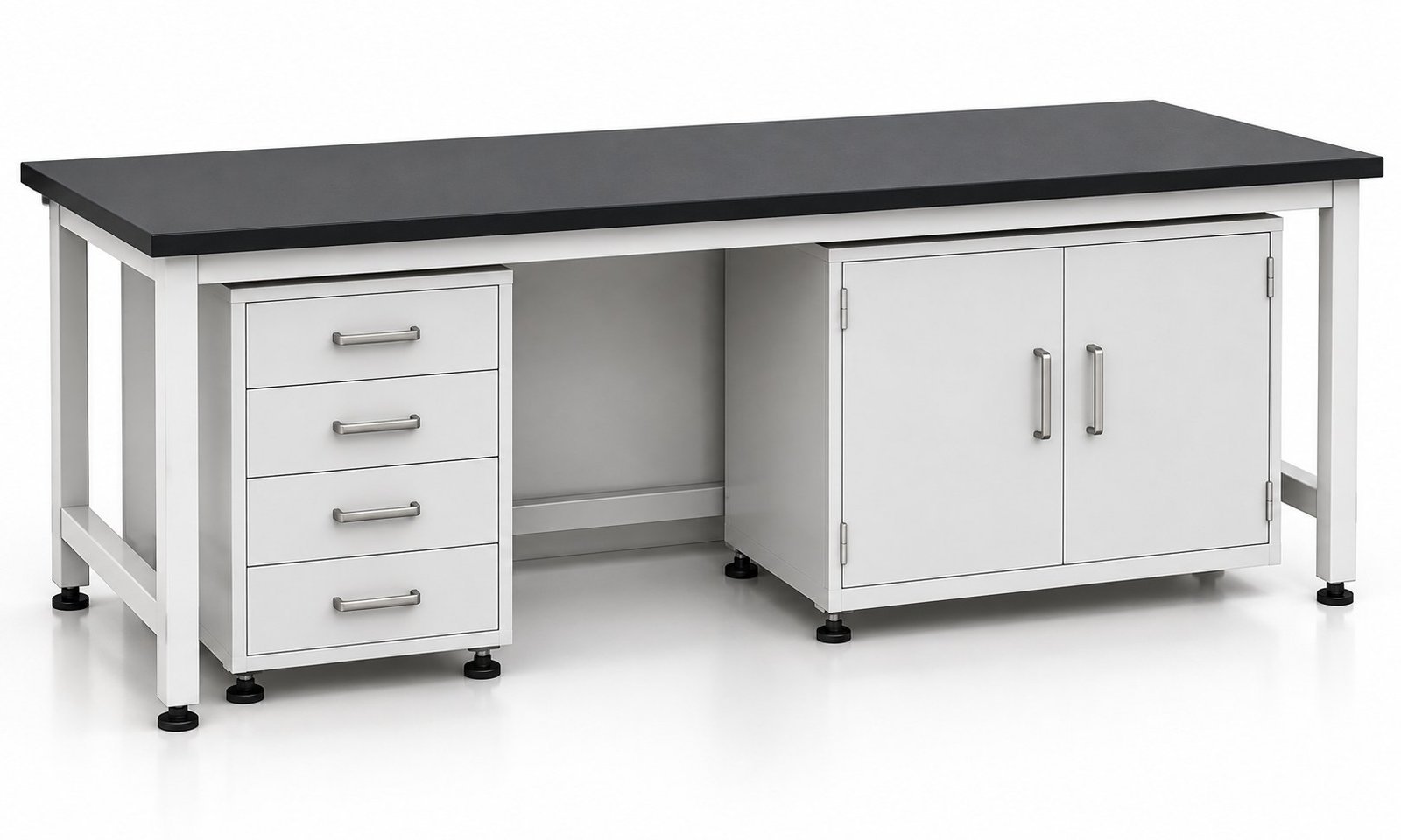 Lab bench 2000 x 750 x 900 mm with epoxy resin top, 4-drawer pedestal and two-door cupboard