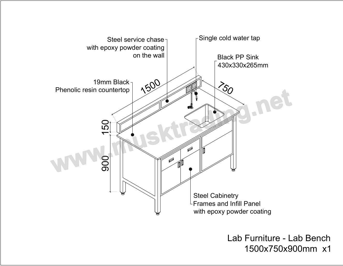 Lab Bench with Sink - MSK-LB-PC-1500